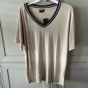 Mono B Cream V-Neck Tee with Striped Trim